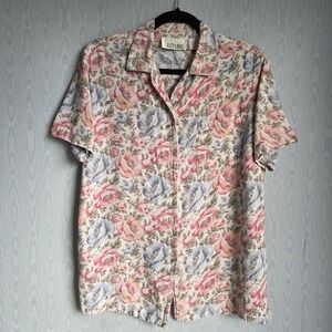 Vtg 70s 80s Womens M Linen Blend Floral Button Down Short Sleeve Shirt Pastel